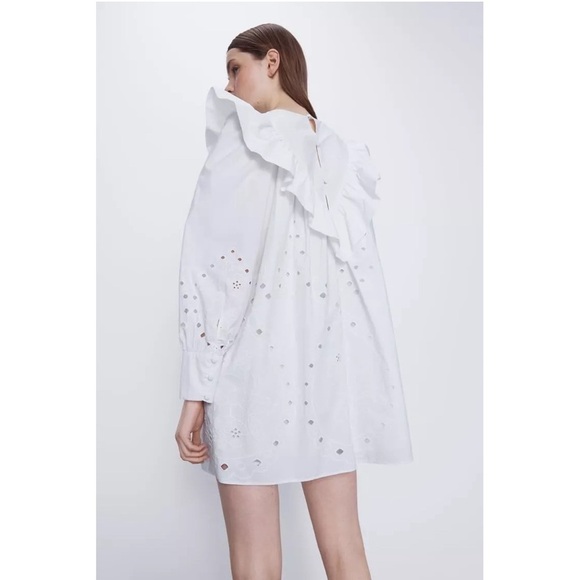 Zara Women Ruffle Openwork Embroidered White  Dress Bloggers Favorite, Medium - Picture 14 of 16